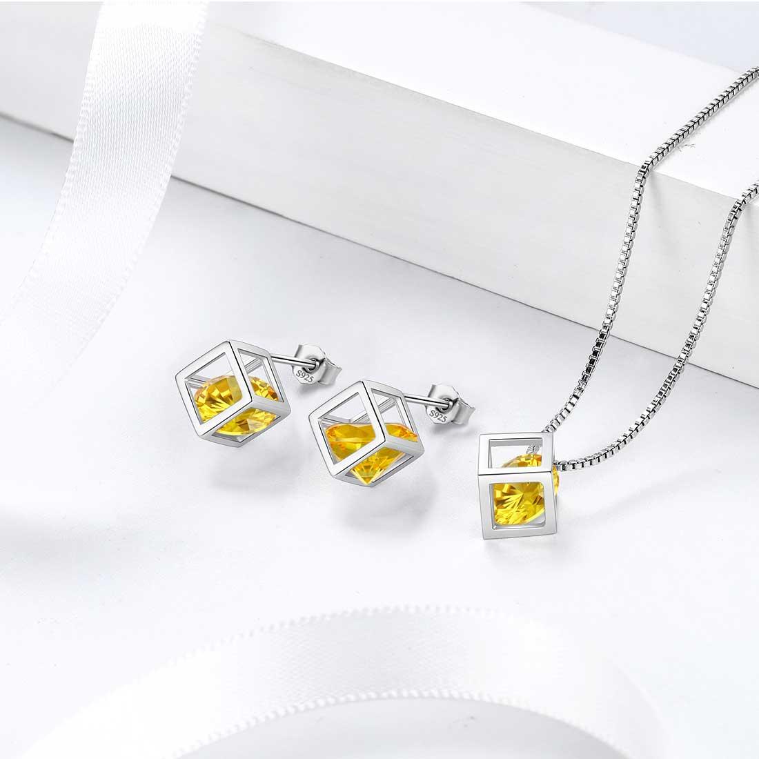 Tokyo Mart 3D Cube Birthstone November Citrine Jewelry Set 3PCS Women Girls Birthday Gift