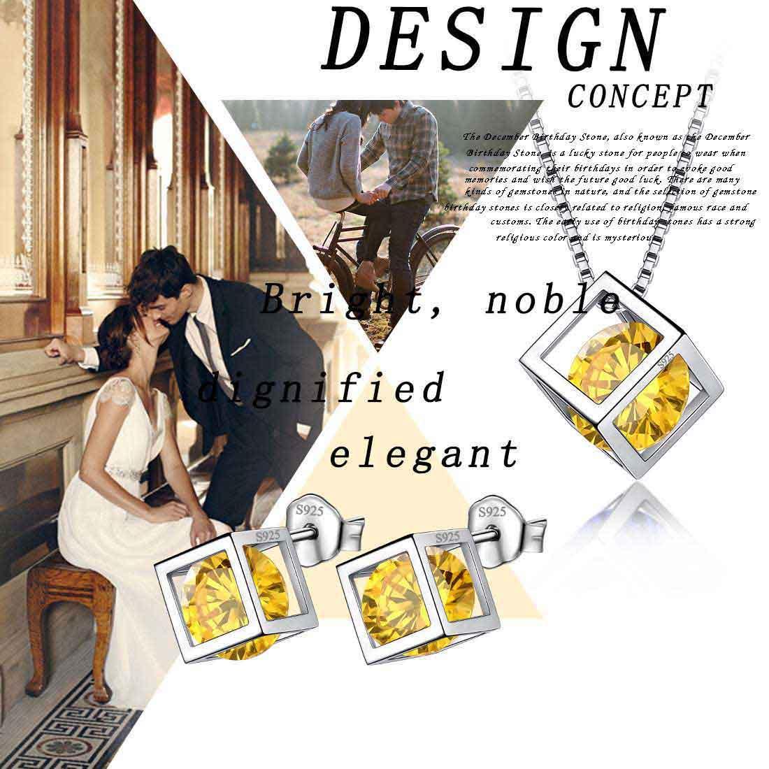 Tokyo Mart 3D Cube Birthstone November Citrine Jewelry Set 3PCS Women Girls Birthday Gift