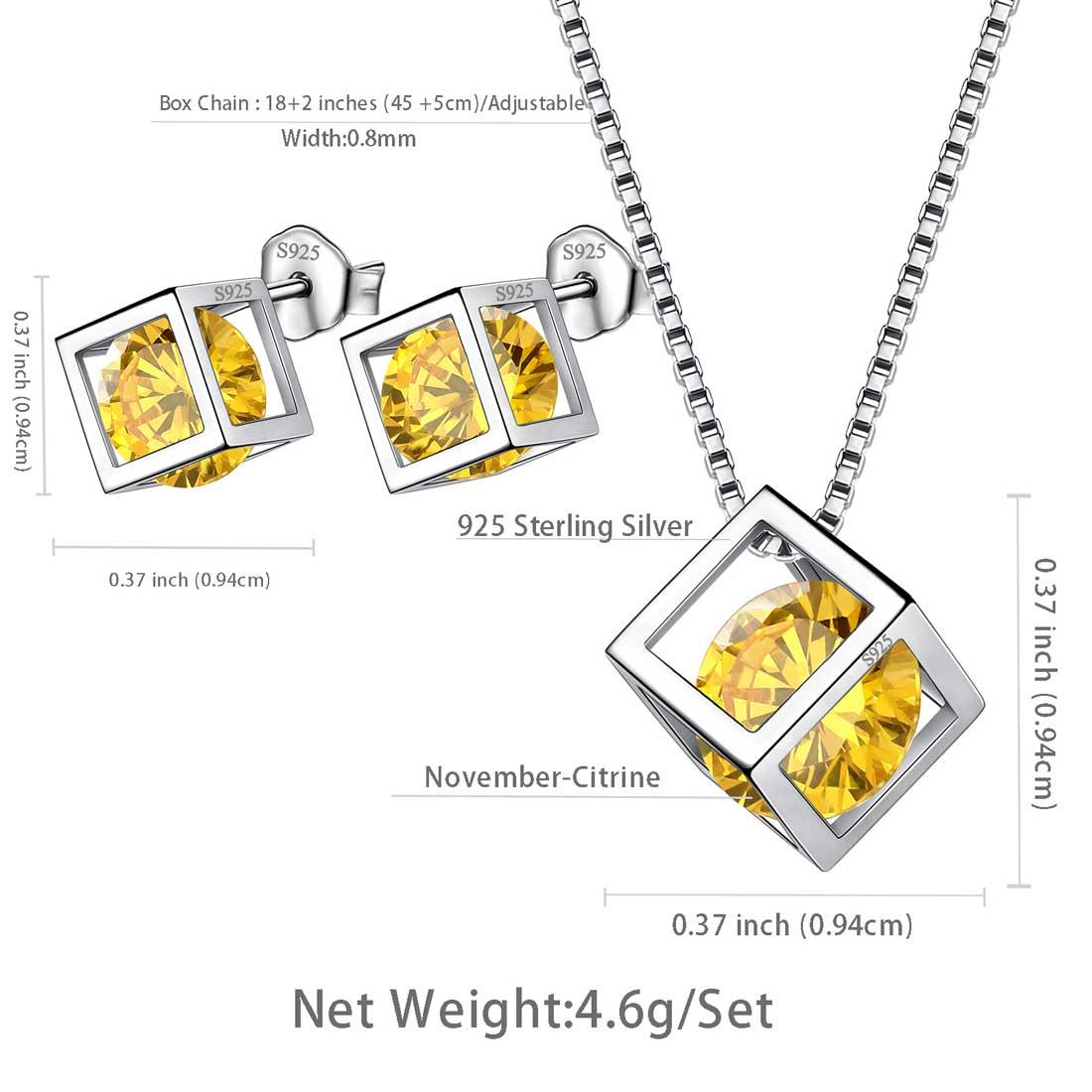 Tokyo Mart 3D Cube Birthstone November Citrine Jewelry Set 3PCS Women Girls Birthday Gift