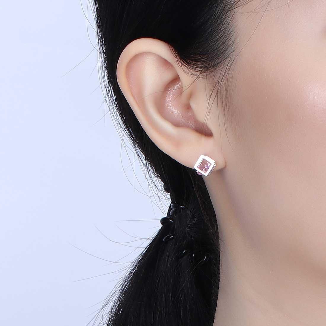 Tokyo Mart 3D Cube Birthstone October Tourmaline Earrings Stud Women Girls Jewelry Birthday Gift Sterling Silver