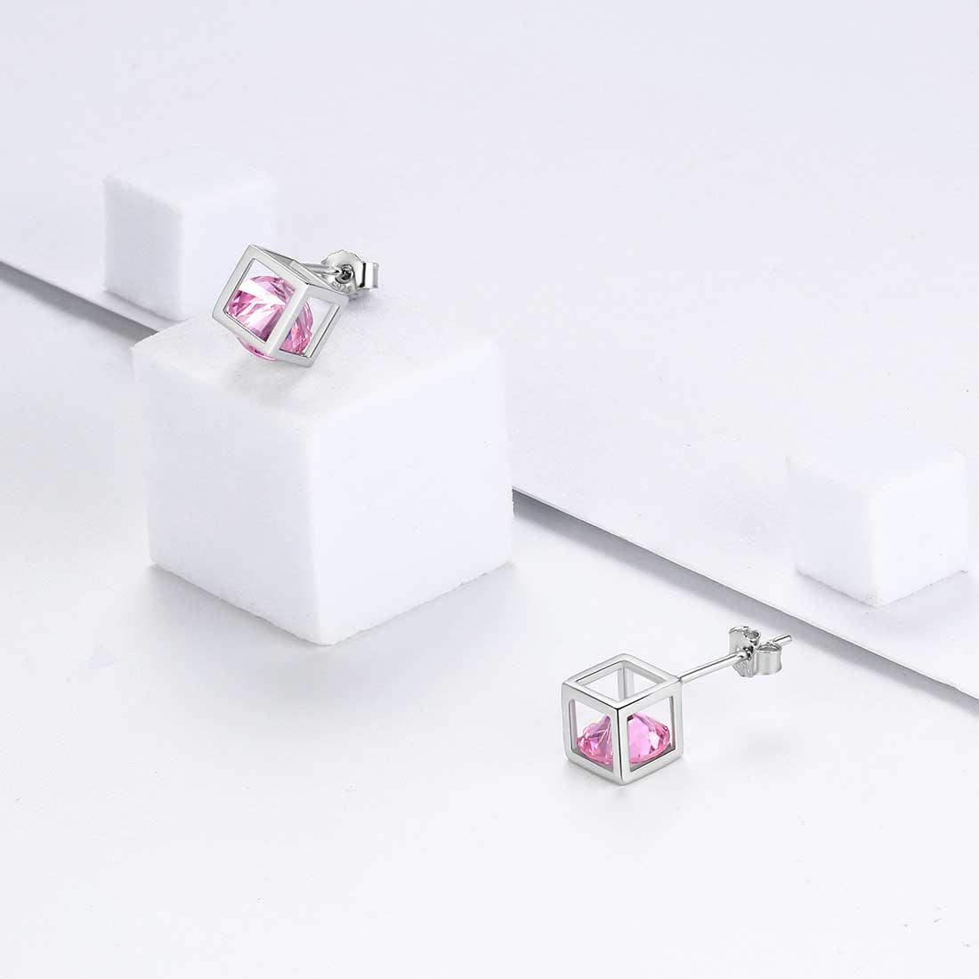 Tokyo Mart 3D Cube Birthstone October Tourmaline Earrings Stud Women Girls Jewelry Birthday Gift Sterling Silver