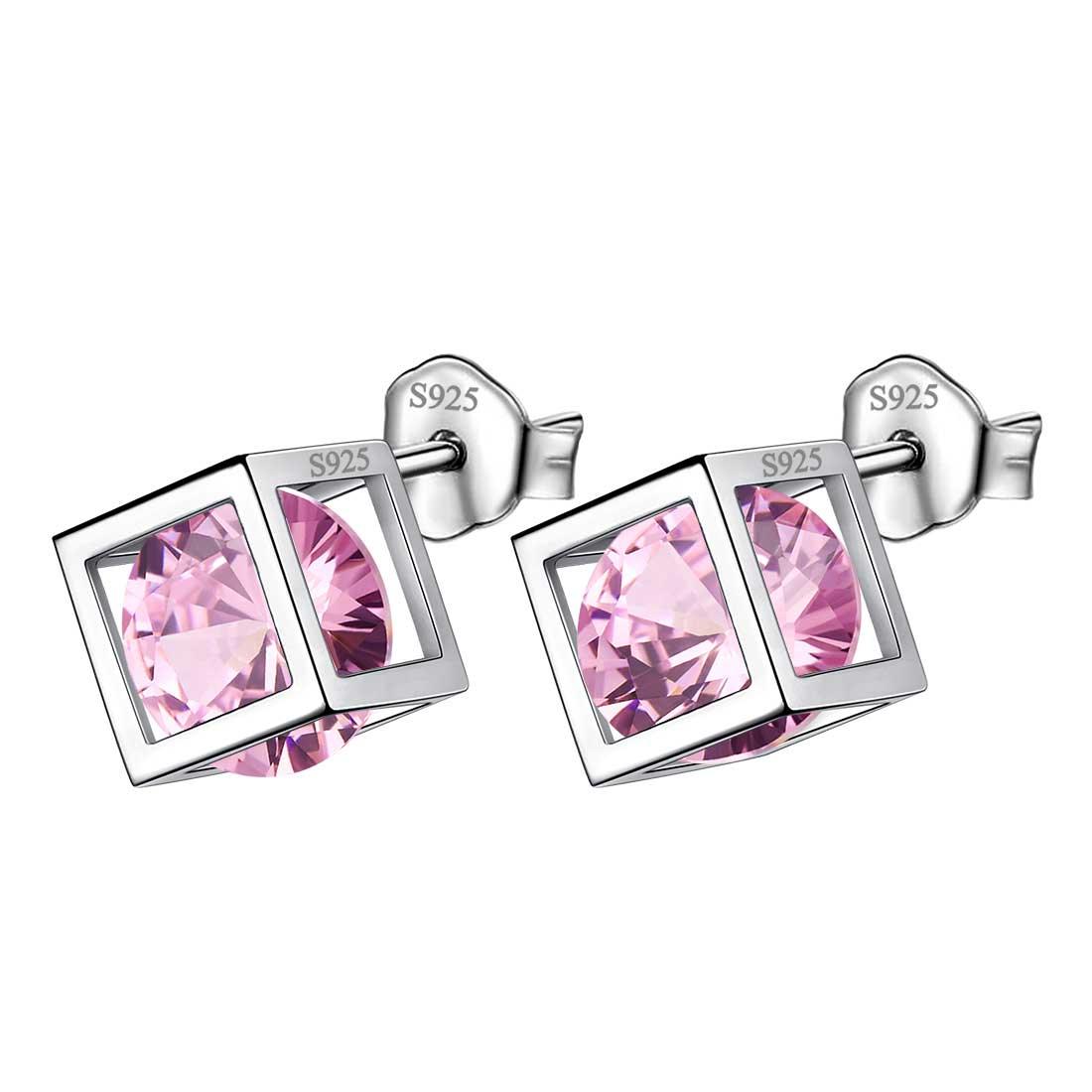 Tokyo Mart 3D Cube Birthstone October Tourmaline Earrings Stud Women Girls Jewelry Birthday Gift Sterling Silver