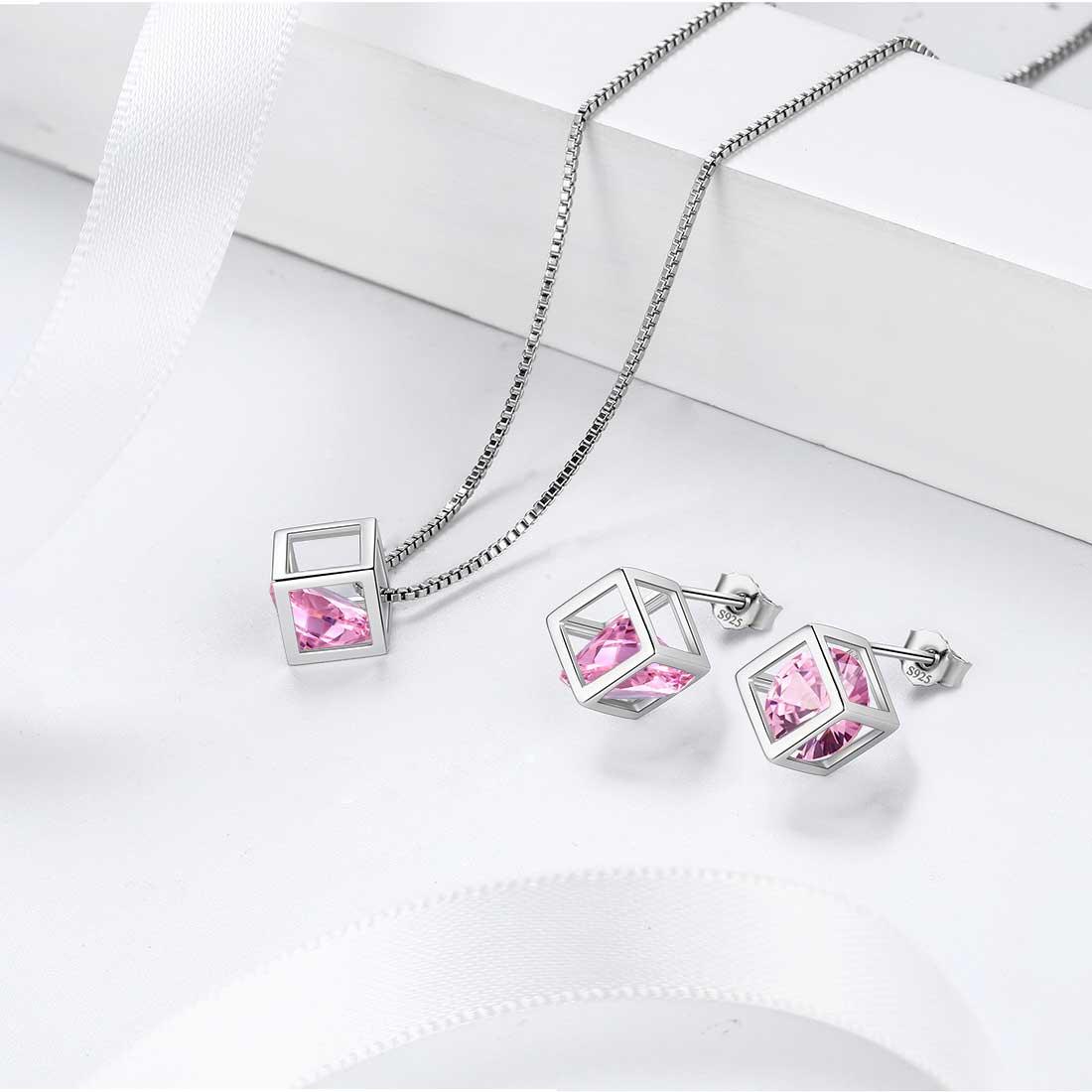 Tokyo Mart 3D Cube Birthstone October Tourmaline Jewelry Set 3PCS Women Girls Birthday Gift