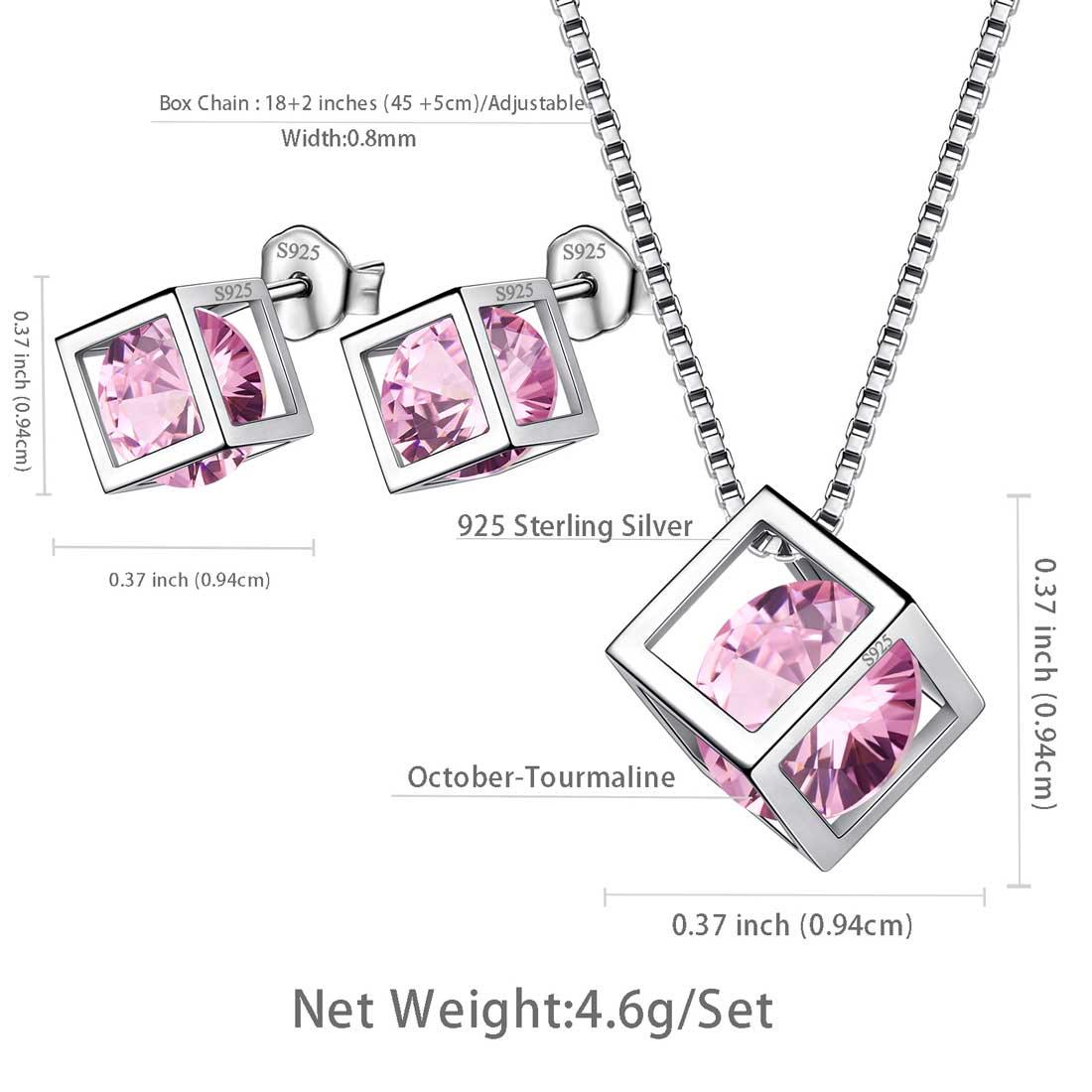 Tokyo Mart 3D Cube Birthstone October Tourmaline Jewelry Set 3PCS Women Girls Birthday Gift