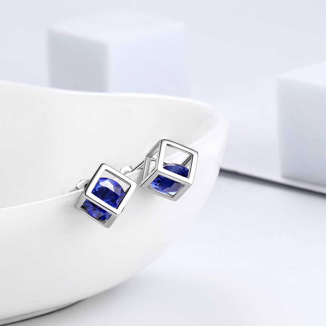 Tokyo Mart 3D Cube Birthstone September Sapphire Earrings Stud Women Girls Jewelry Birthday Gift Sterling Silver