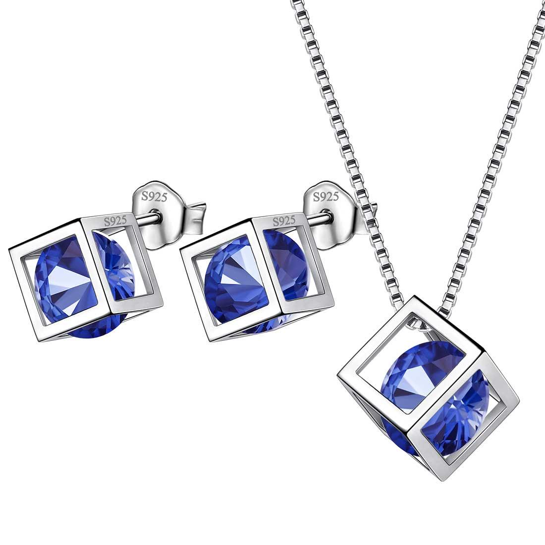 Tokyo Mart 3D Cube Birthstone September Sapphire Jewelry Set 3PCS Women Girls Birthday Gift