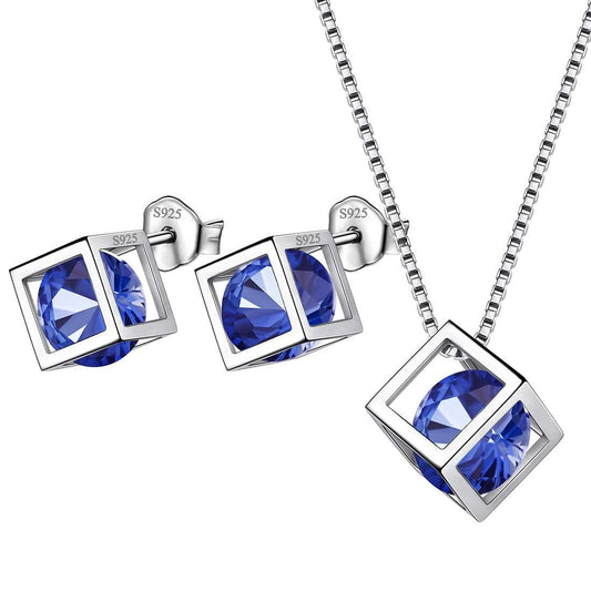 Tokyo Mart 3D Cube Birthstone September Sapphire Jewelry Set 3PCS Women Girls Birthday Gift