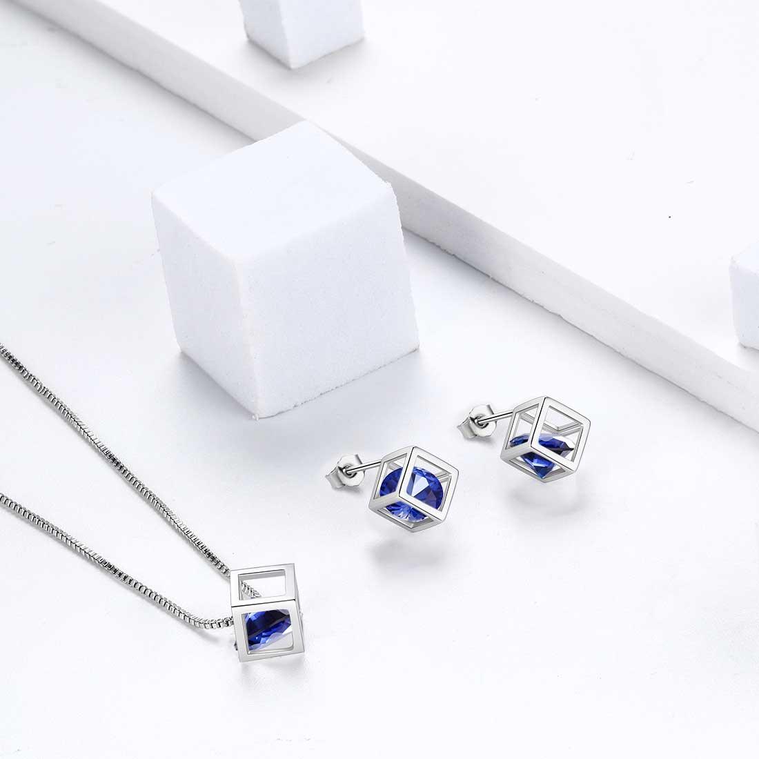 Tokyo Mart 3D Cube Birthstone September Sapphire Jewelry Set 3PCS Women Girls Birthday Gift