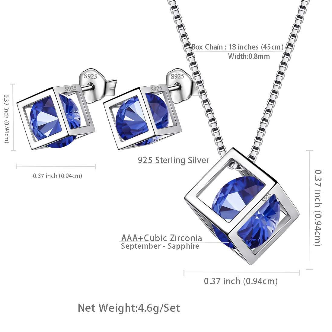 Tokyo Mart 3D Cube Birthstone September Sapphire Jewelry Set 3PCS Women Girls Birthday Gift