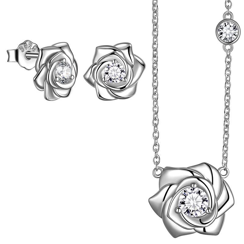 Tokyo Mart 3D Flower Rose Jewelry Set Necklace Earrings Women Girls Birthday Gifts 925 Sterling Silver