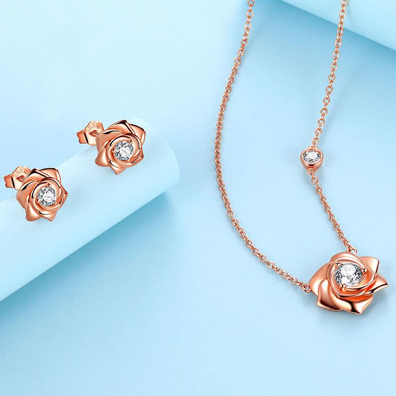 Tokyo Mart 3D Flower Rose Jewelry Set Necklace Earrings Women Girls Birthday Gifts 925 Sterling Silver