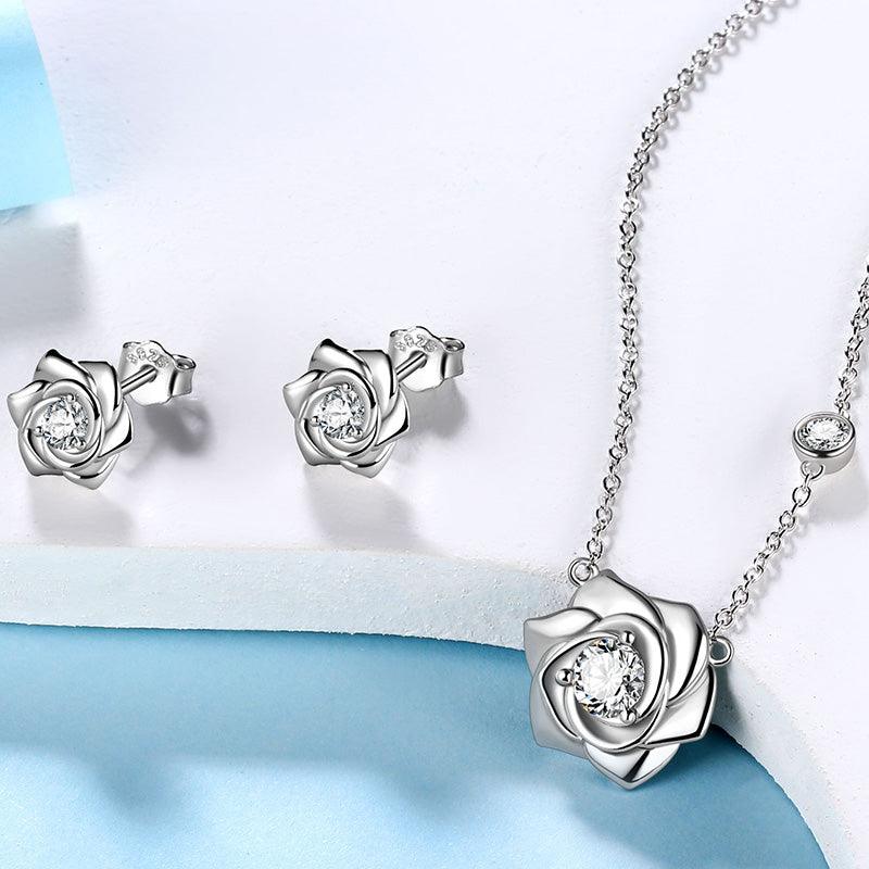 Tokyo Mart 3D Flower Rose Jewelry Set Necklace Earrings Women Girls Birthday Gifts 925 Sterling Silver