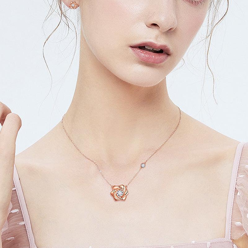 Tokyo Mart 3D Flower Rose Jewelry Set Necklace Earrings Women Girls Birthday Gifts 925 Sterling Silver