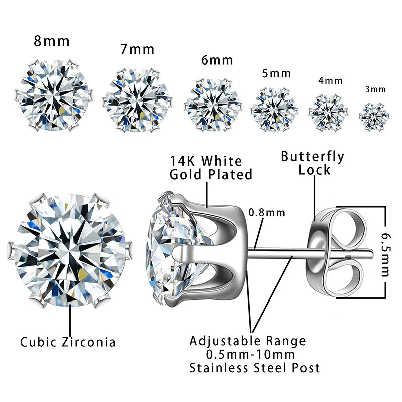 Tokyo Mart 6 Pairs Round Solitaire Stud Earrings Set Women Jewelry Cubic Zirconia Stainless Steel