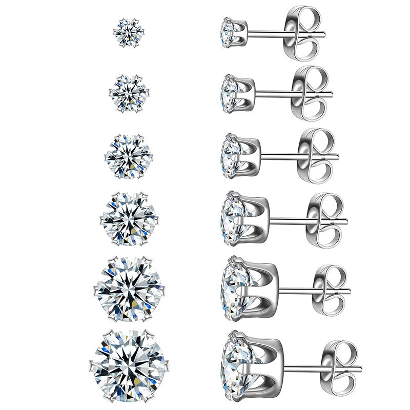 Tokyo Mart 6 Pairs Round Solitaire Stud Earrings Set Women Jewelry Cubic Zirconia Stainless Steel