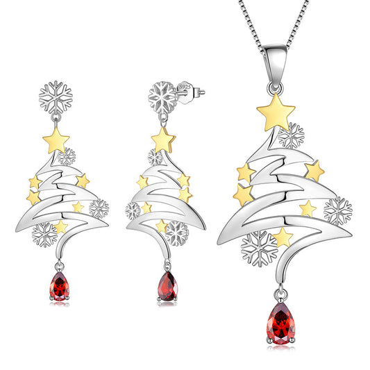 Tokyo Mart 925 Sterling Silber Edler Schmuck Süße Weihnachtsbaum-Halskette/Ohrhänger Weihnachts-Modeschmuck-Set Geschenke für Frauen und Mädchen