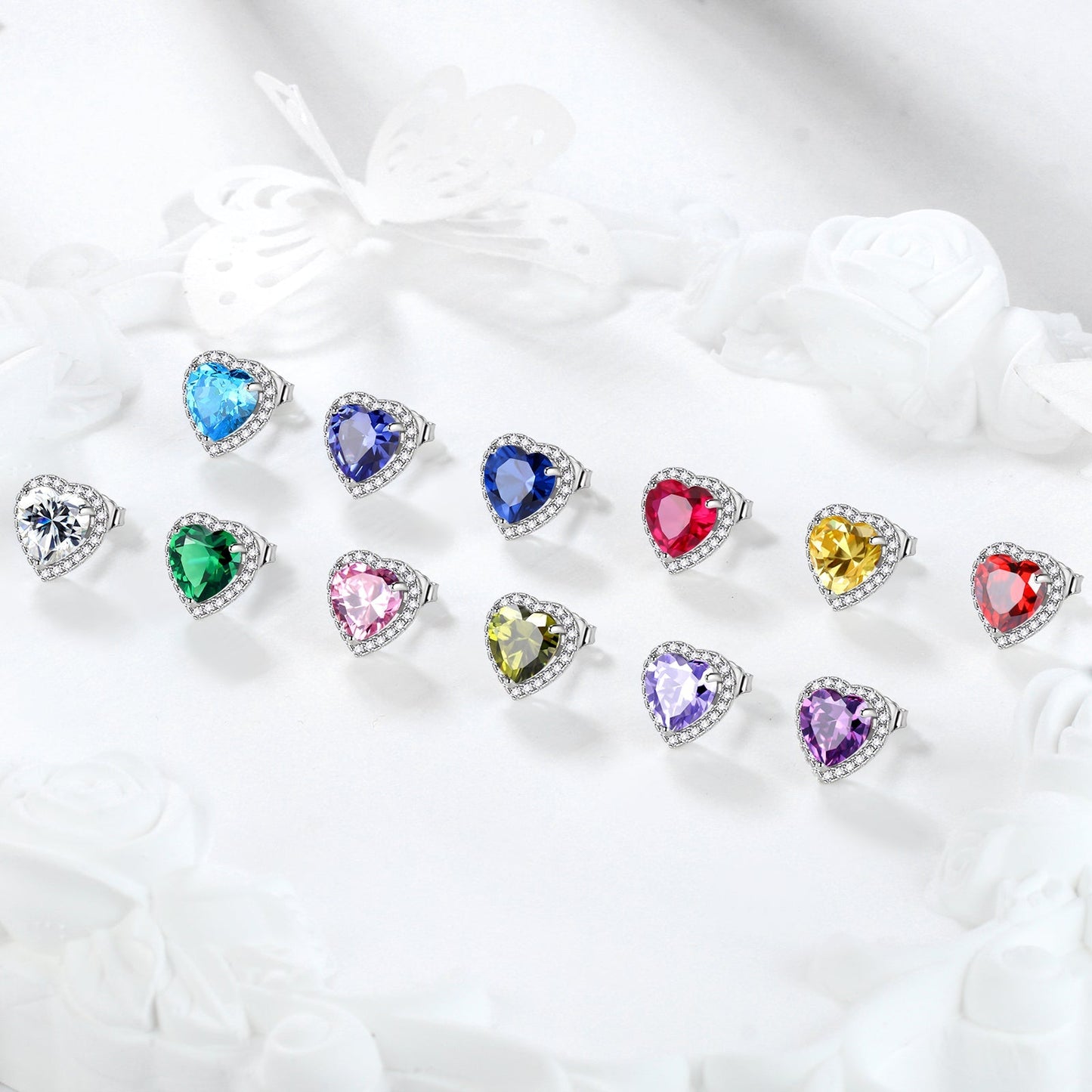 Tokyo Mart Hearts Schmuck-Set, 3-teilig, 925er Sterlingsilber, Halskette und Ohrringe mit Geburtssteinen für Frauen und Mädchen