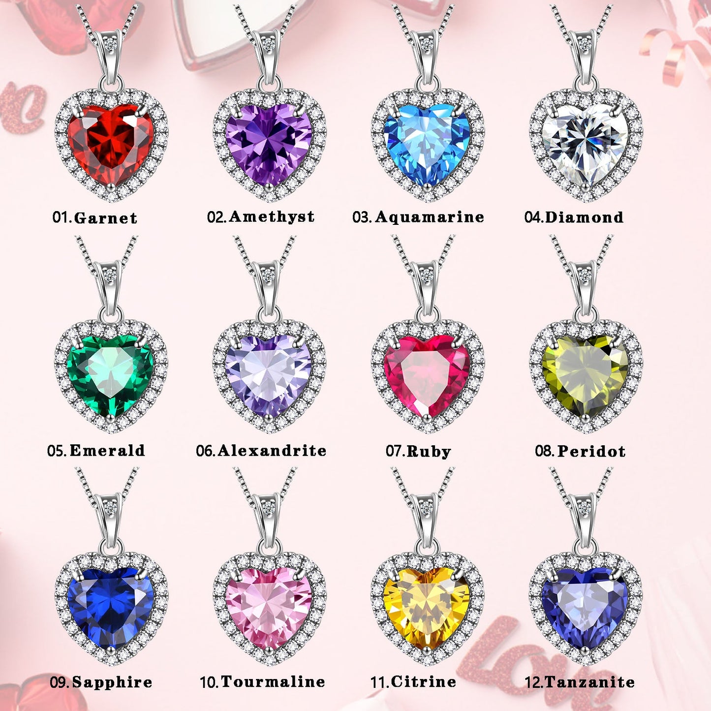 Tokyo Mart Hearts Schmuck-Set, 3-teilig, Halskette und Ohrringe mit Geburtssteinen für Frauen, Mädchenschmuck, Geburtstagsgeschenk, 925 Sterlingsilber