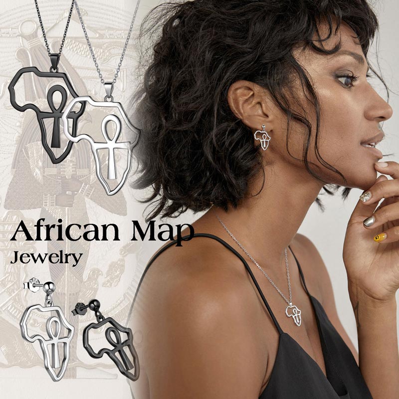 Tokyo Mart Afrika Karte Ankh Halskette Ohrringe Set Männer Frauen Schmuck 925 Sterling Silber