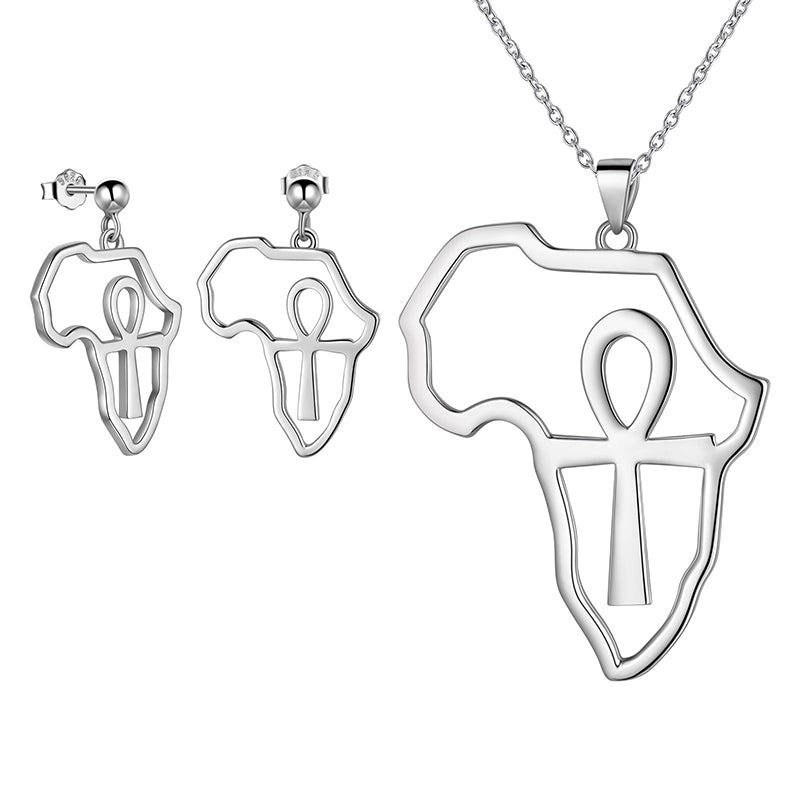 Tokyo Mart Afrika Karte Ankh Halskette Ohrringe Set Männer Frauen Schmuck 925 Sterling Silber