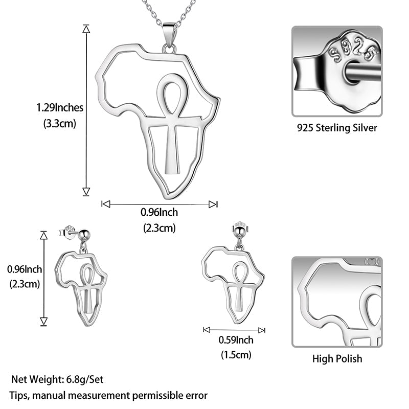 Tokyo Mart Afrika Karte Ankh Halskette Ohrringe Set Männer Frauen Schmuck 925 Sterling Silber