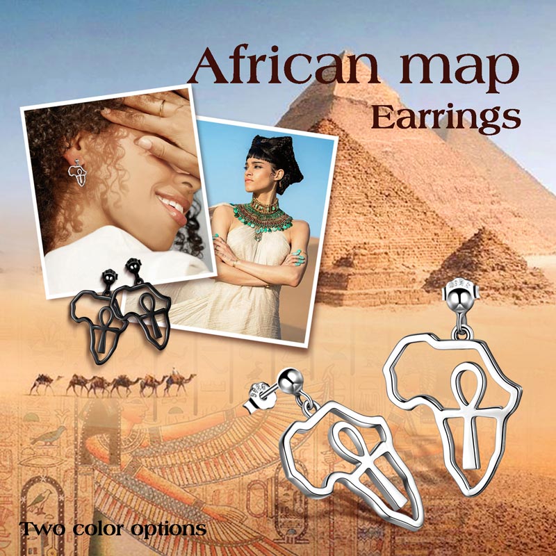 Tokyo Mart Ohrringe mit Afrika-Karte und Ägypten-Ankh-Kreuz, Ohrstecker für Herren und Damen, 925er Sterlingsilber