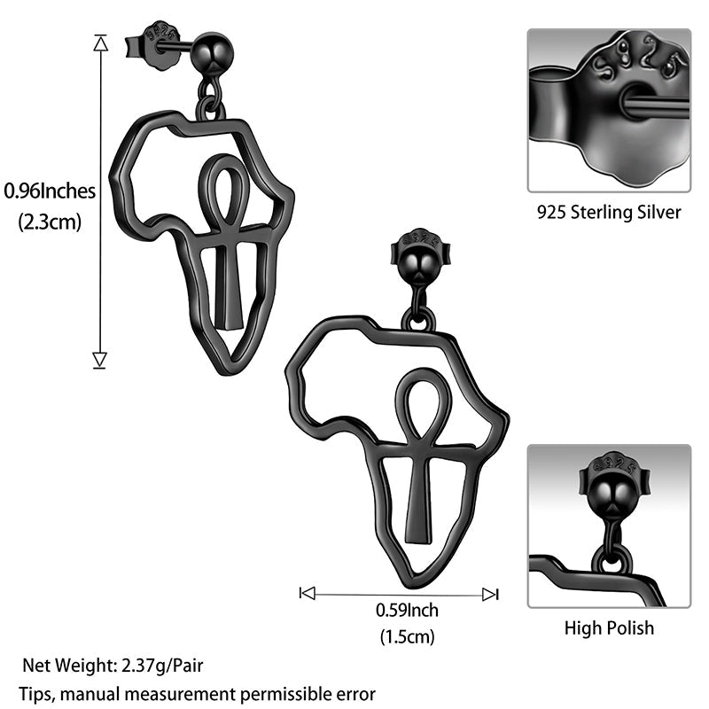 Tokyo Mart Ohrringe mit Afrika-Karte und Ägypten-Ankh-Kreuz, Ohrstecker für Herren und Damen, 925er Sterlingsilber