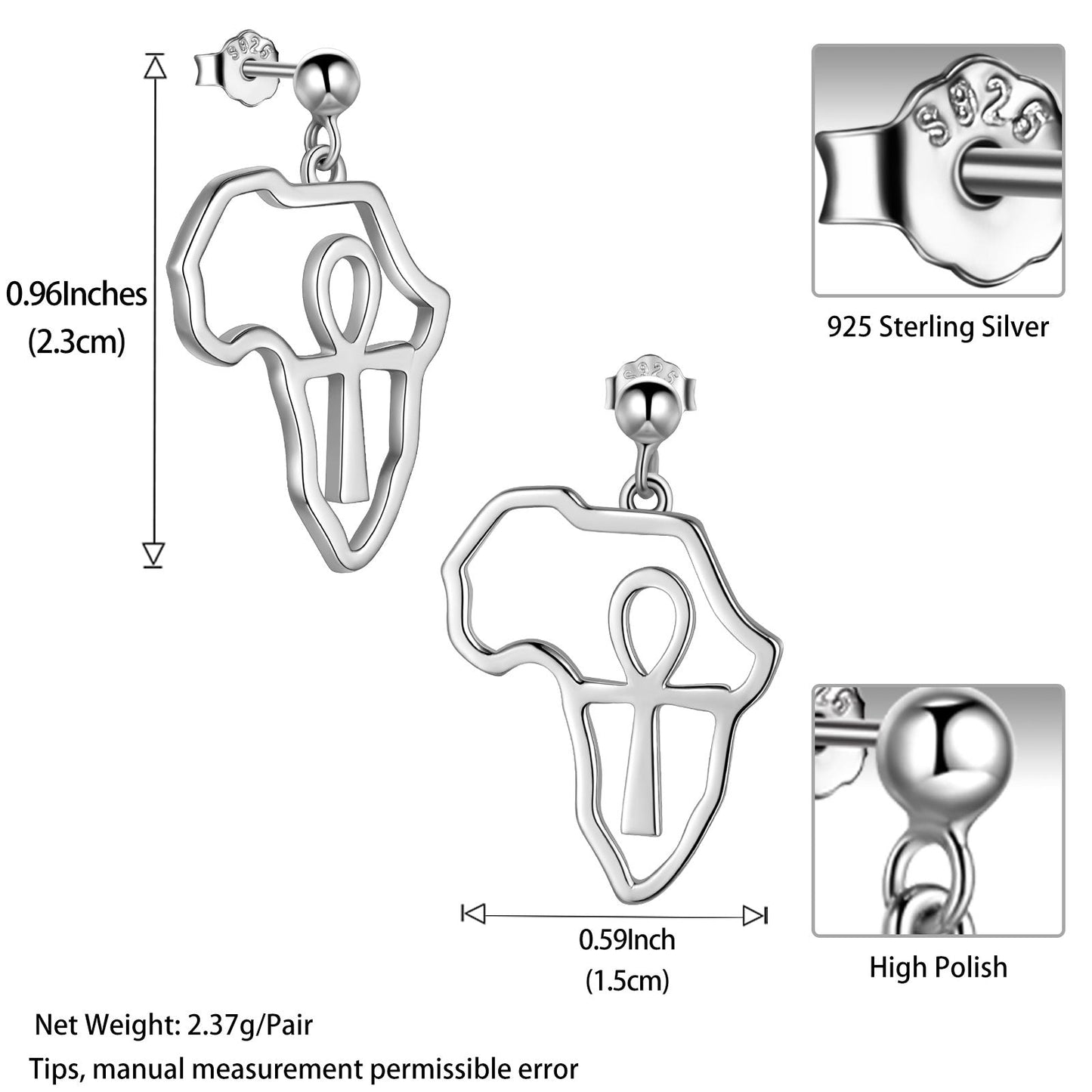 Tokyo Mart Ohrringe mit Afrika-Karte und Ägypten-Ankh-Kreuz, Ohrstecker für Herren und Damen, 925er Sterlingsilber