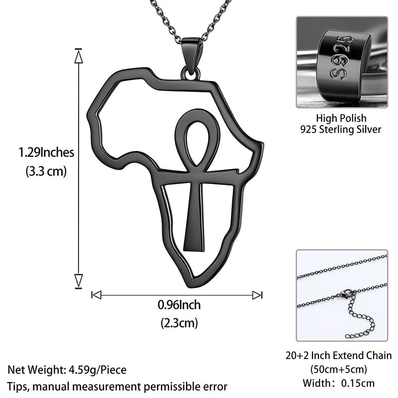 Tokyo Mart Halskette mit Anhänger, Afrika-Karte, Ägypten, Ankh-Kreuz, Herren- und Damenschmuck, 925er Sterlingsilber