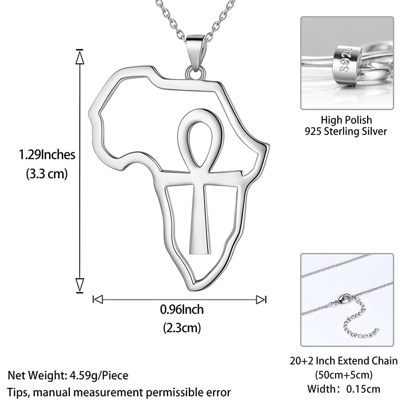 Tokyo Mart Halskette mit Anhänger, Afrika-Karte, Ägypten, Ankh-Kreuz, Herren- und Damenschmuck, 925er Sterlingsilber