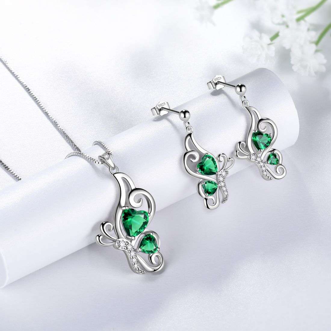 Tokyo Mart Butterfly Birthstone May Emerald Jewelry Set 3PCS Women Girls Birthday Gift