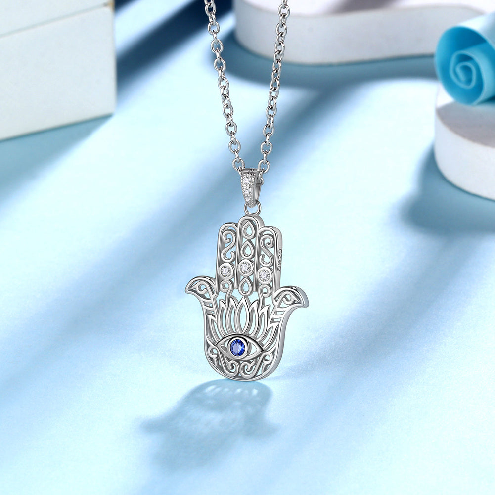 Tokyo Mart Blue Evil Eye Necklace Men Women Jewelry Gifts Lotus Fatima Hamsa Hand Pendant 925 Sterling Silver