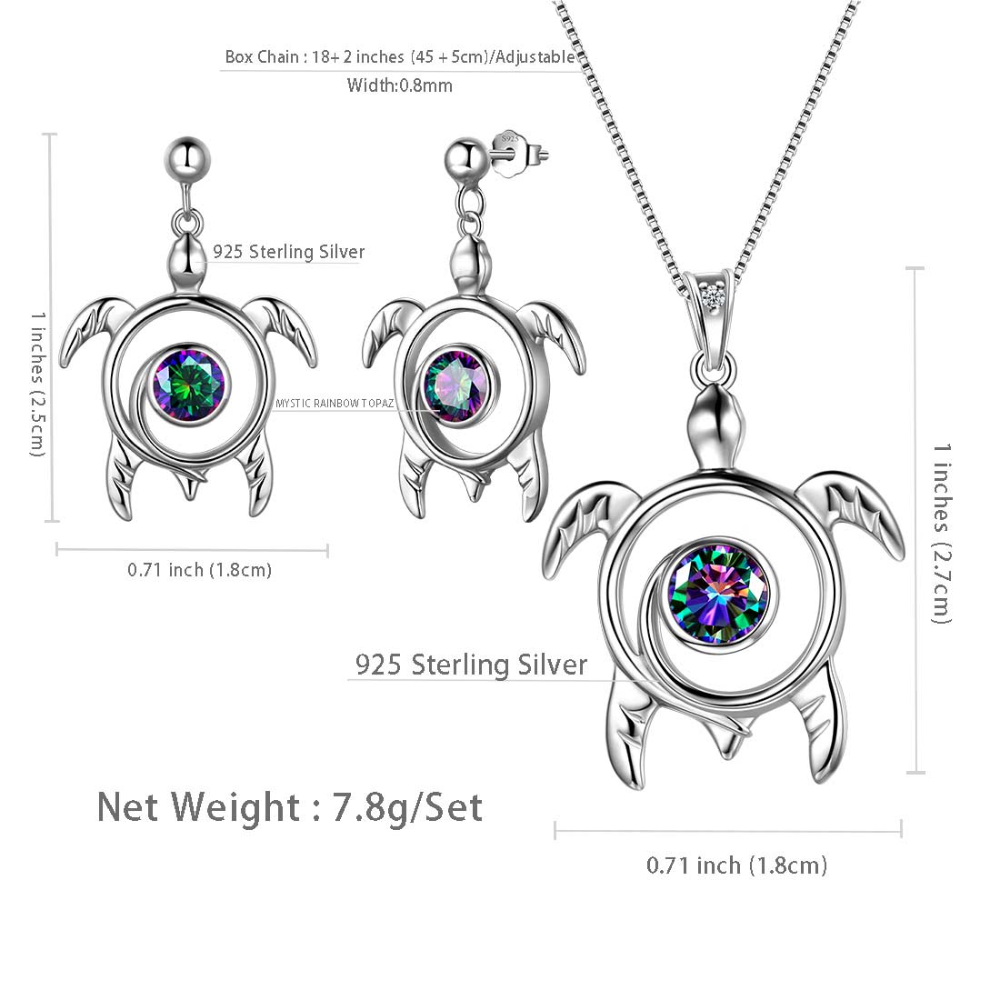 Tokyo Mart Turtle Rainbow Mystic Topaz Jewelry Sets Women Girls Gift Sterling Silver