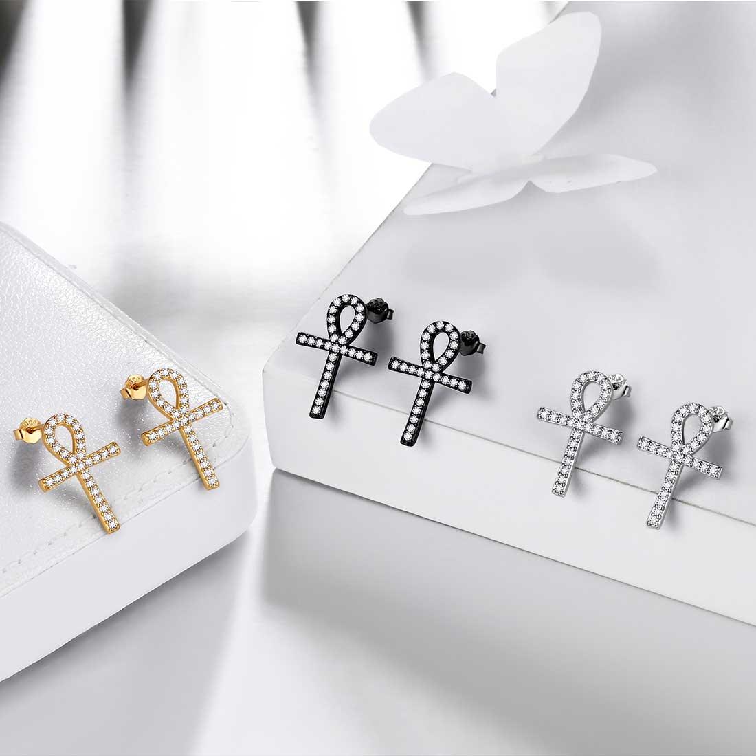 Tokyo Mart Ankh Cross Stud Earrings Women Mens Jewelry Sterling Silver