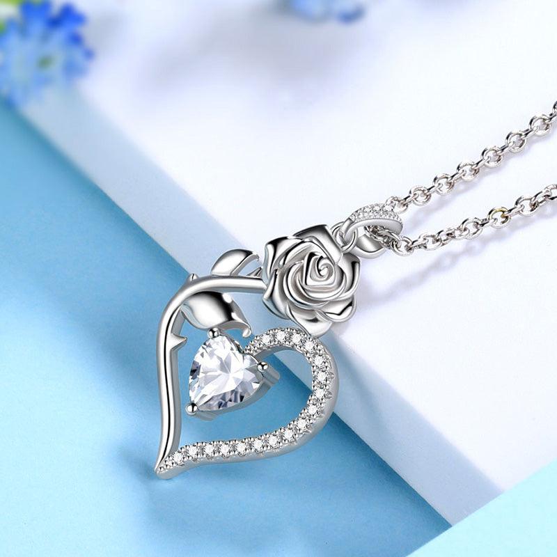 Tokyo Mart April Diamond Necklace Women Heart Birthstone Pendant Flower Rose Jewelry Birthday Gifts