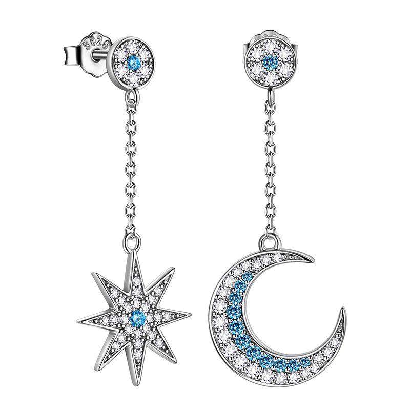 Tokyo Mart Women Asymmetric Celestial Moon & Star Dangle Earrings 925 Sterling Silver