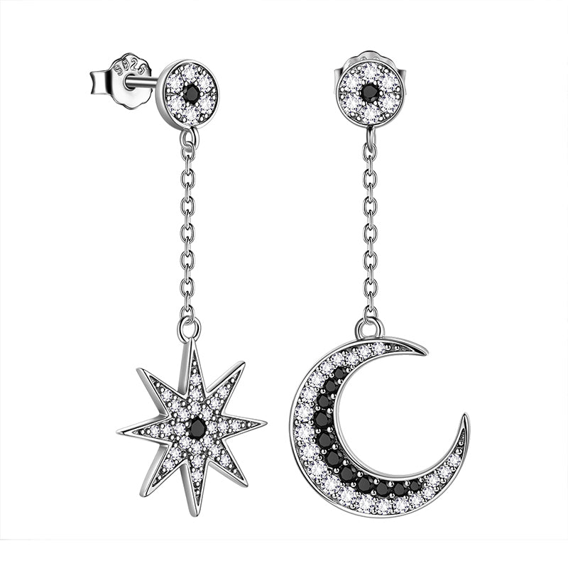 Tokyo Mart Women Asymmetric Celestial Moon & Star Dangle Earrings 925 Sterling Silver