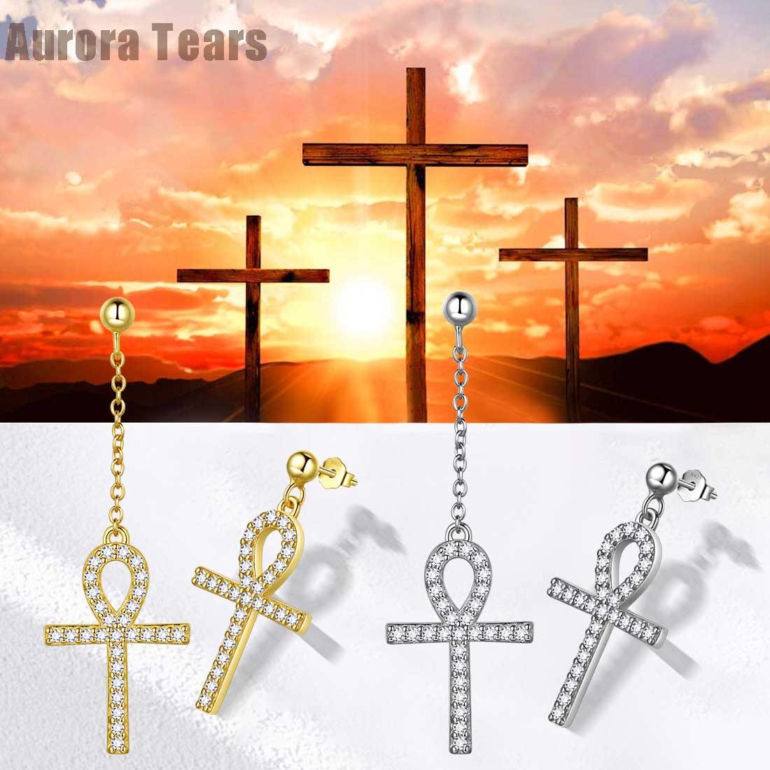 Tokyo Mart Asymmetry Ankh Cross Earrings Women Mens Jewelry Sterling Silver