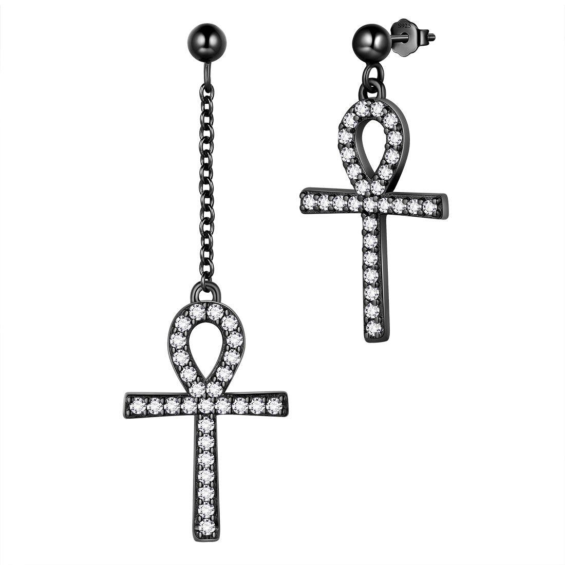 Tokyo Mart Asymmetry Ankh Cross Earrings Women Mens Jewelry Sterling Silver