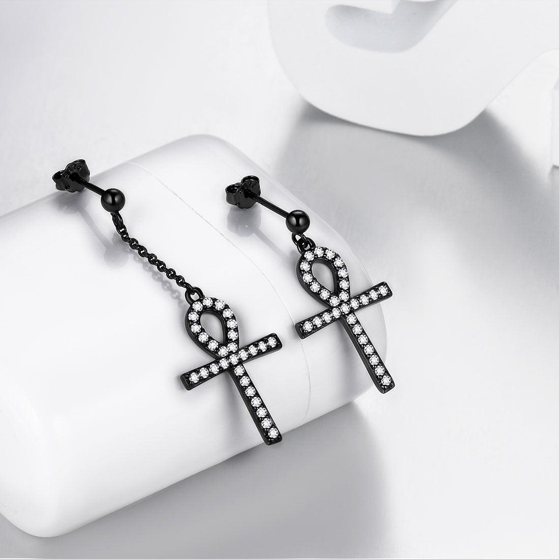 Tokyo Mart Asymmetry Ankh Cross Earrings Women Mens Jewelry Sterling Silver