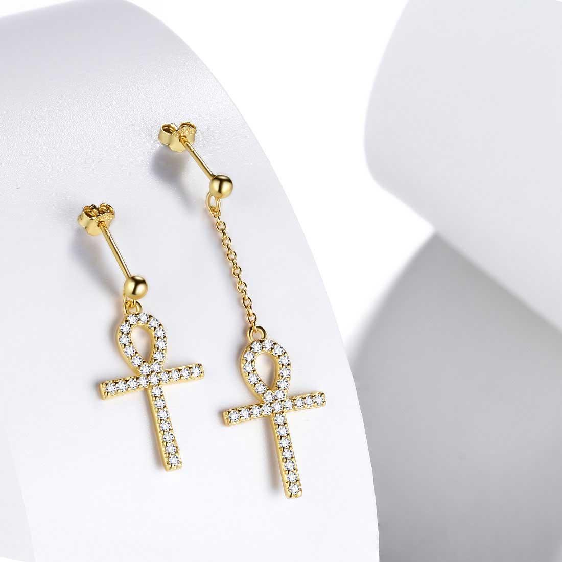 Tokyo Mart Asymmetry Ankh Cross Earrings Women Mens Jewelry Sterling Silver