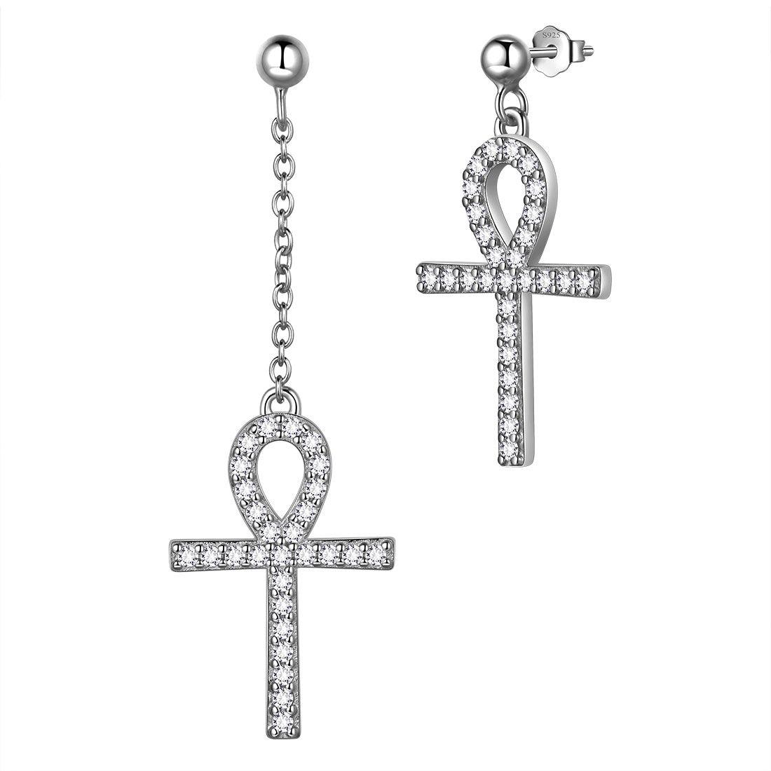 Tokyo Mart Asymmetry Ankh Cross Earrings Women Mens Jewelry Sterling Silver