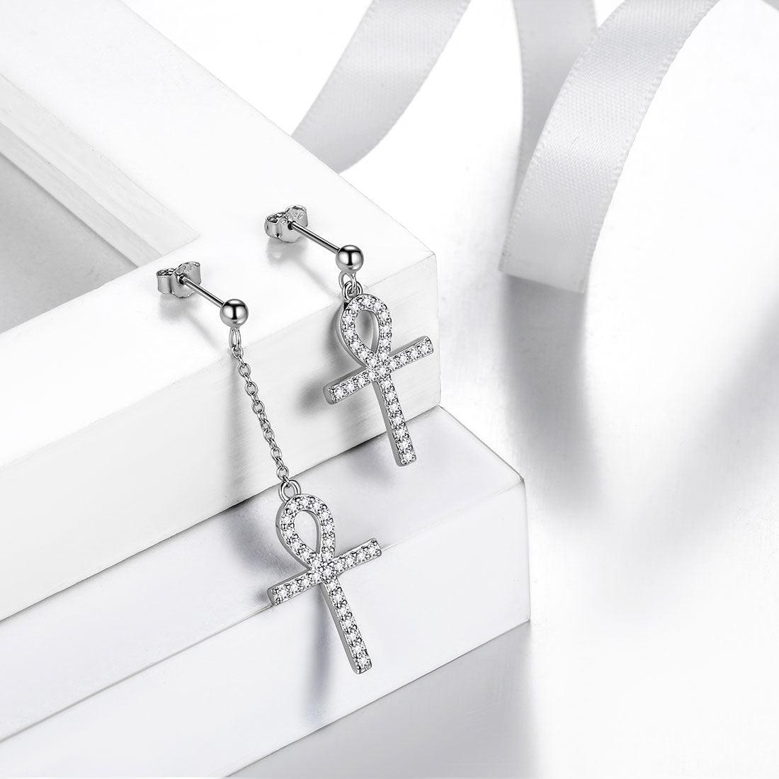 Tokyo Mart Asymmetry Ankh Cross Earrings Women Mens Jewelry Sterling Silver