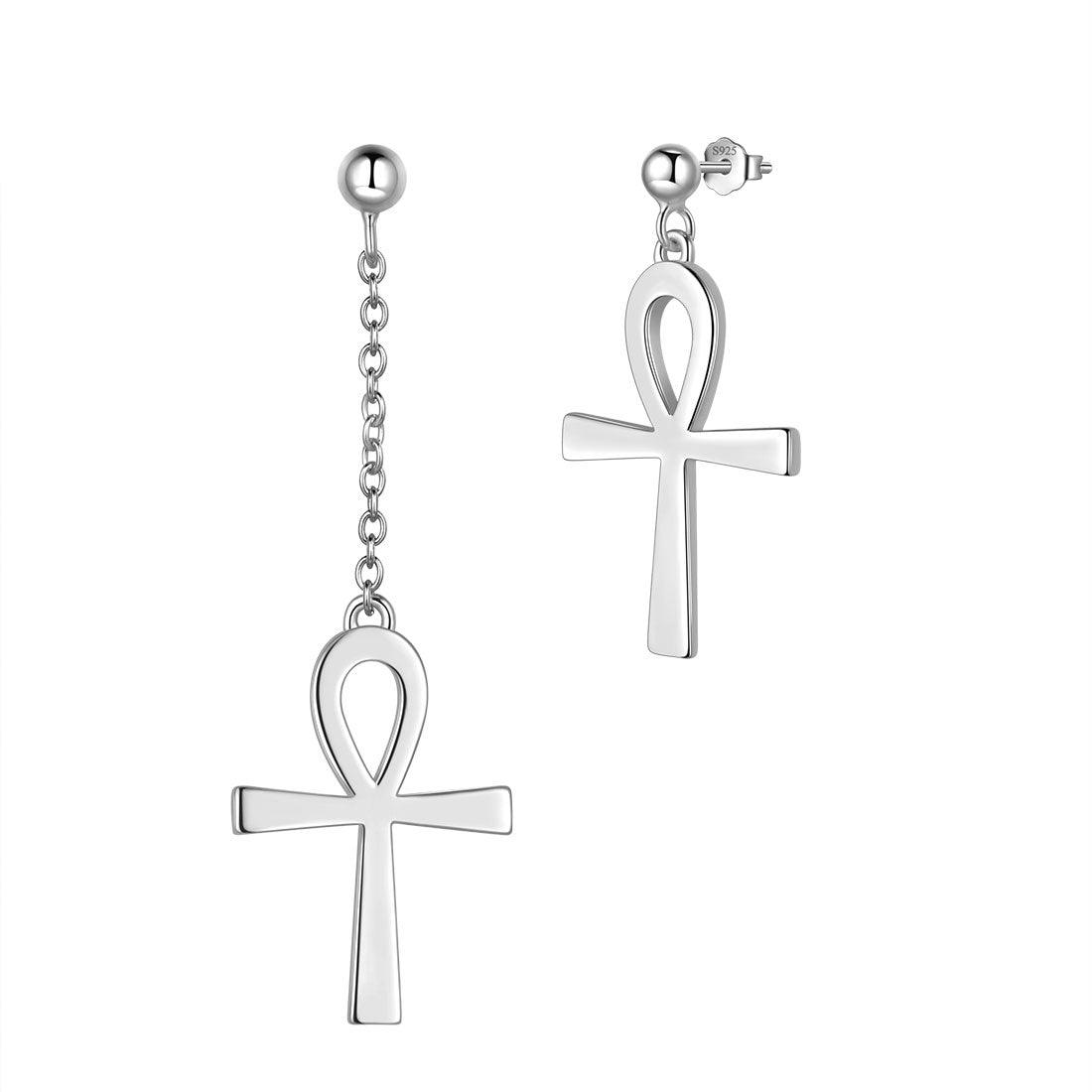 Tokyo Mart Asymmetry Ankh Cross Earrings Women Mens Jewelry Sterling Silver