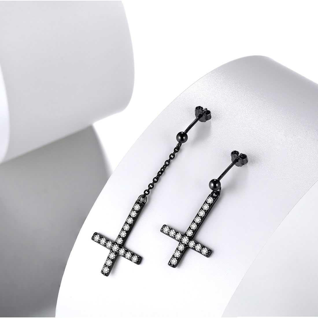 Tokyo Mart Asymmetry Upside Down Cross Earrings Stud Dangle Women Mens Jewelry