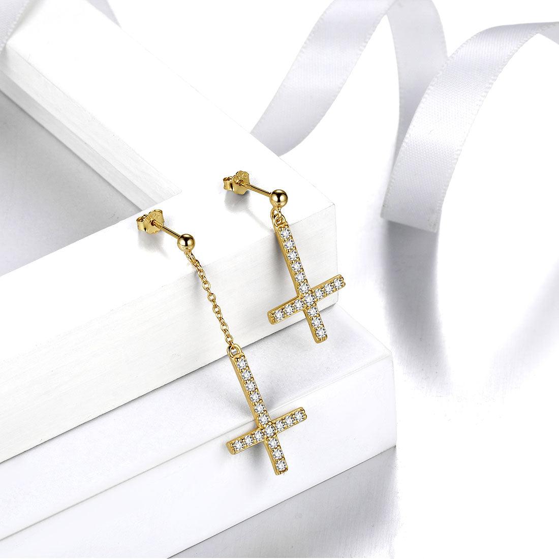 Tokyo Mart Asymmetry Upside Down Cross Earrings Stud Dangle Women Mens Jewelry