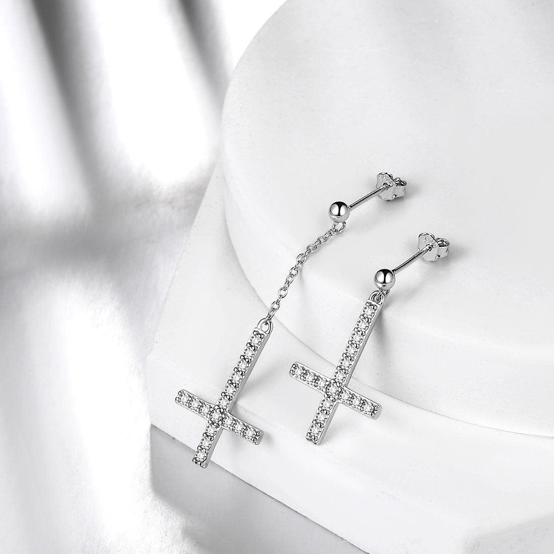 Tokyo Mart Asymmetry Upside Down Cross Earrings Stud Dangle Women Mens Jewelry