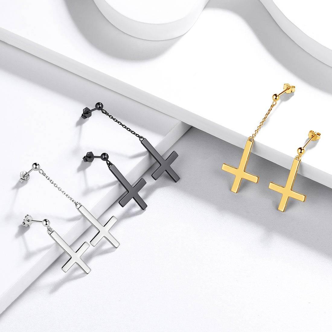 Tokyo Mart Asymmetry Upside Down Cross Earrings Stud Dangle Women Mens Jewelry