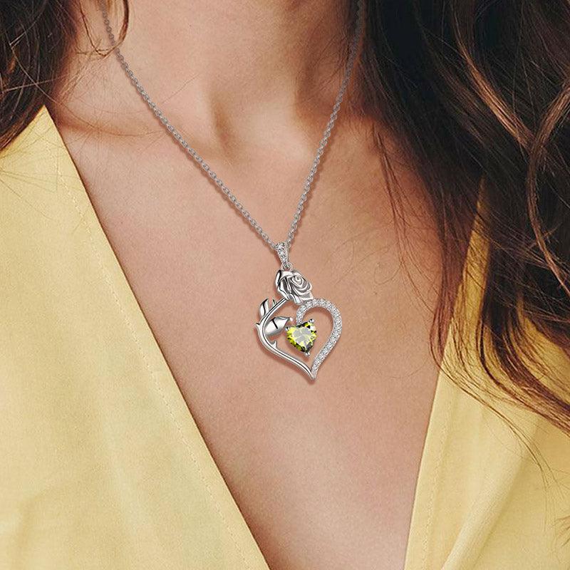 Tokyo Mart August Peridot Necklace Women Heart Birthstone Pendant Flower Rose Jewelry Birthday Gifts