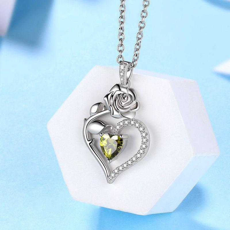 Tokyo Mart August Peridot Necklace Women Heart Birthstone Pendant Flower Rose Jewelry Birthday Gifts